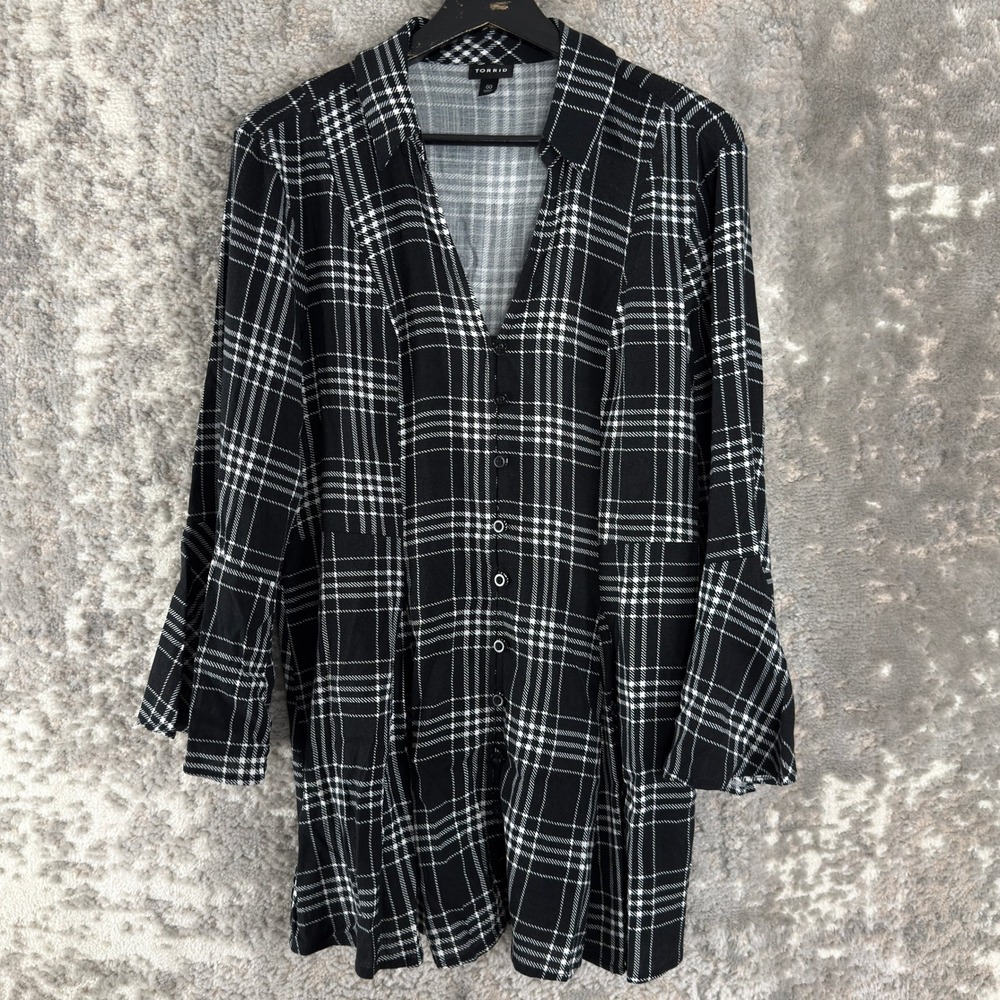 Torrid Plus Size 00 Plaid Button Down Bell Sleeve Blouse Black Long Sleeve Women